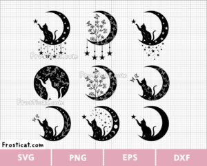 Moon Cat With Stars And Floral Svg Bundle, Halloween Svg