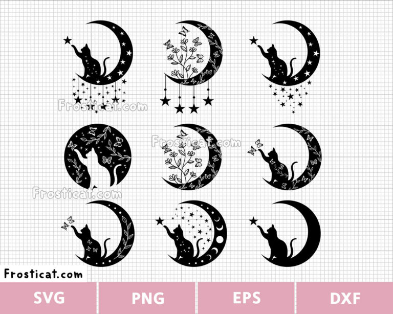Moon Cat With Stars And Floral Svg Bundle, Halloween Svg