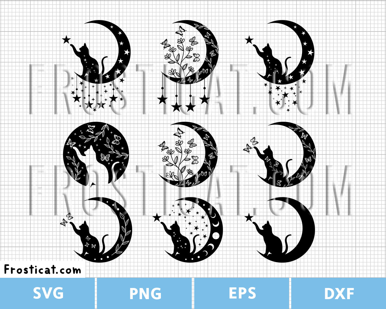 Moon Cat With Stars And Floral Svg Bundle, Halloween Svg