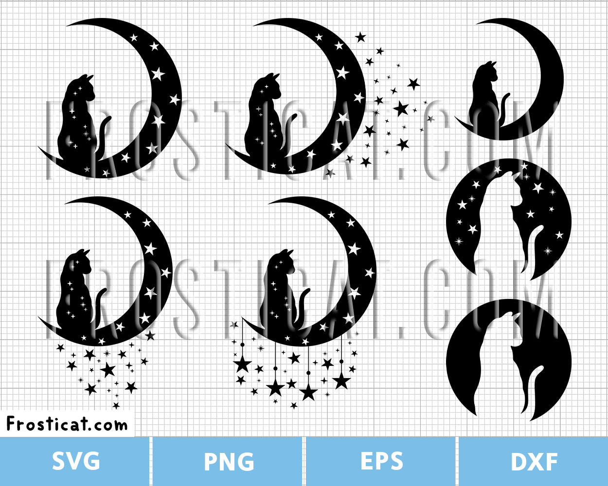 Moon Cat With Stars Svg Bundle, Halloween Svg, Halloween Cat