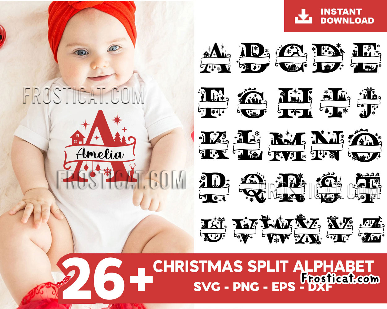 26 Christmas Split Alphabet Svg Bundle, Christmas Letters