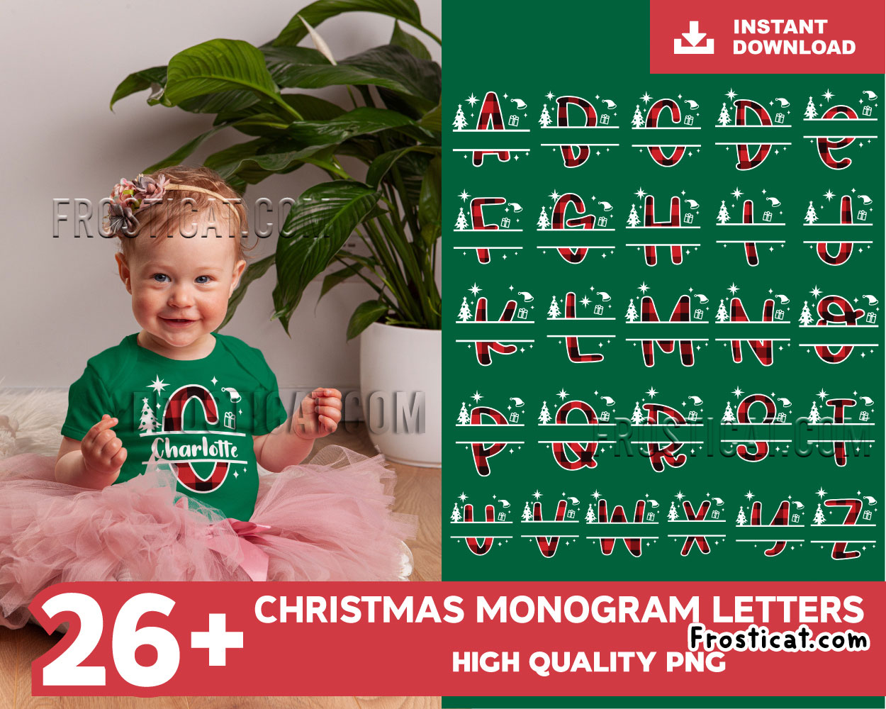 26 Christmas Alphabet Letters Png Bundle, Split Monogram