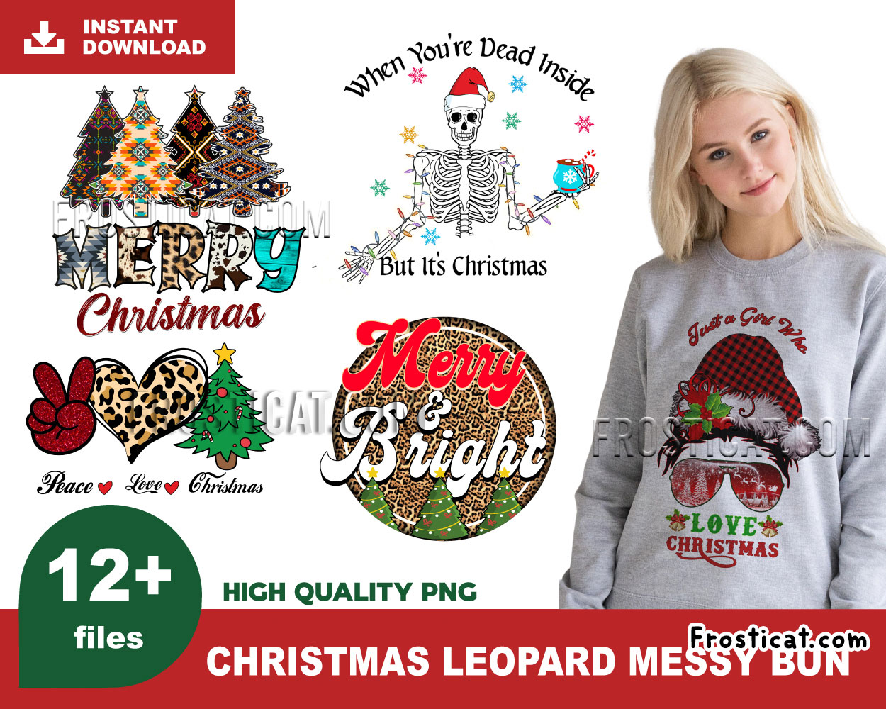 12 Christmas Leopard Messy Bun Png Bundle