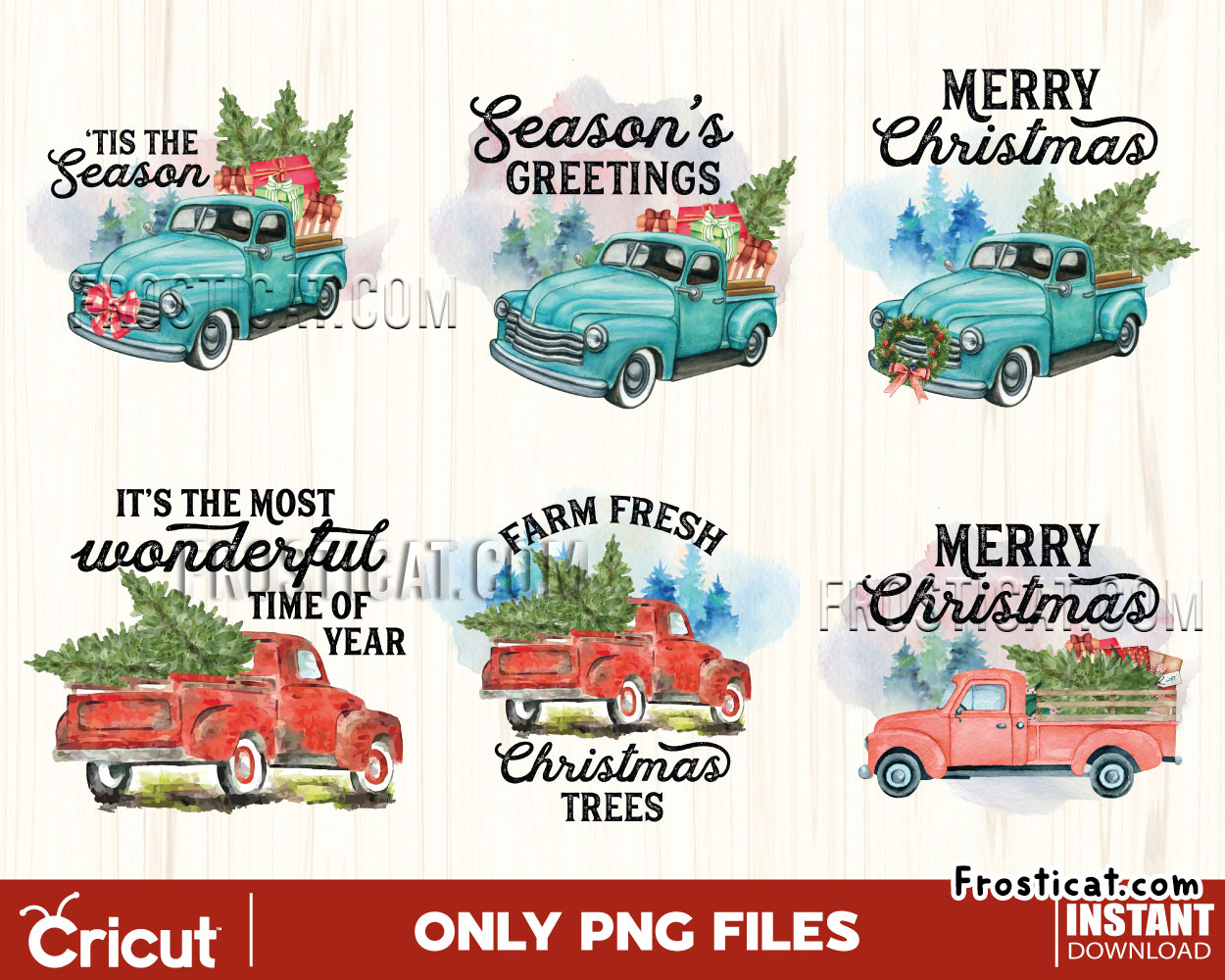 6 Vintage Christmas Truck Png Bundle, Christmas Png