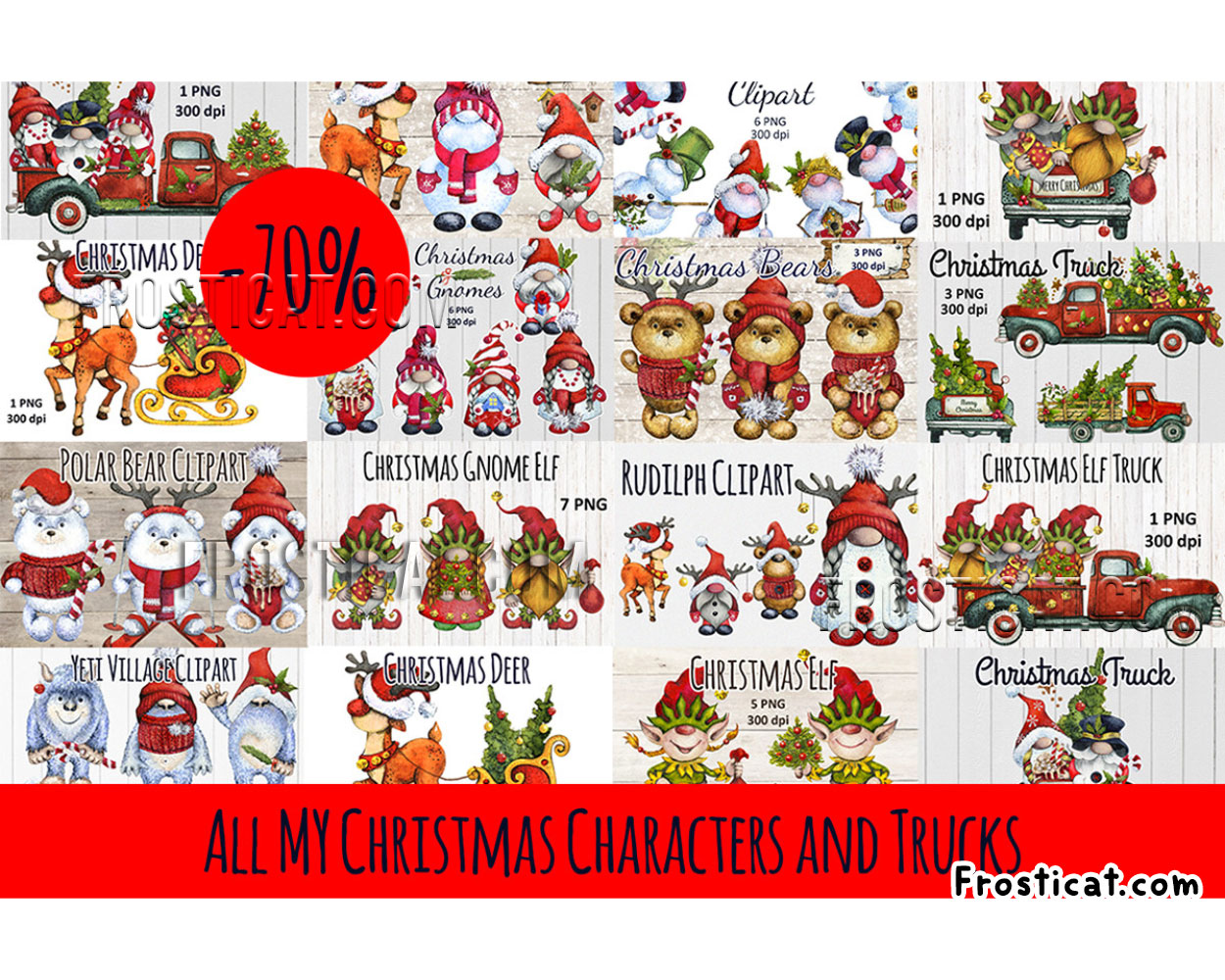 103 Christmas Watercolor Gnomes And Trucks Png Bundle