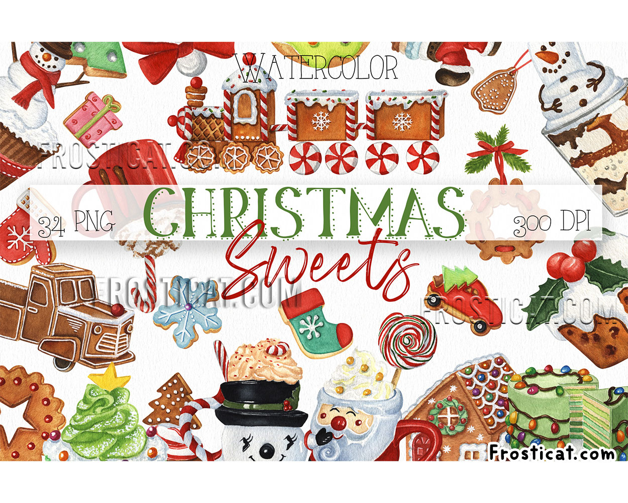 34 Christmas Sweet Watercolor Png Bundle, Christmas Png
