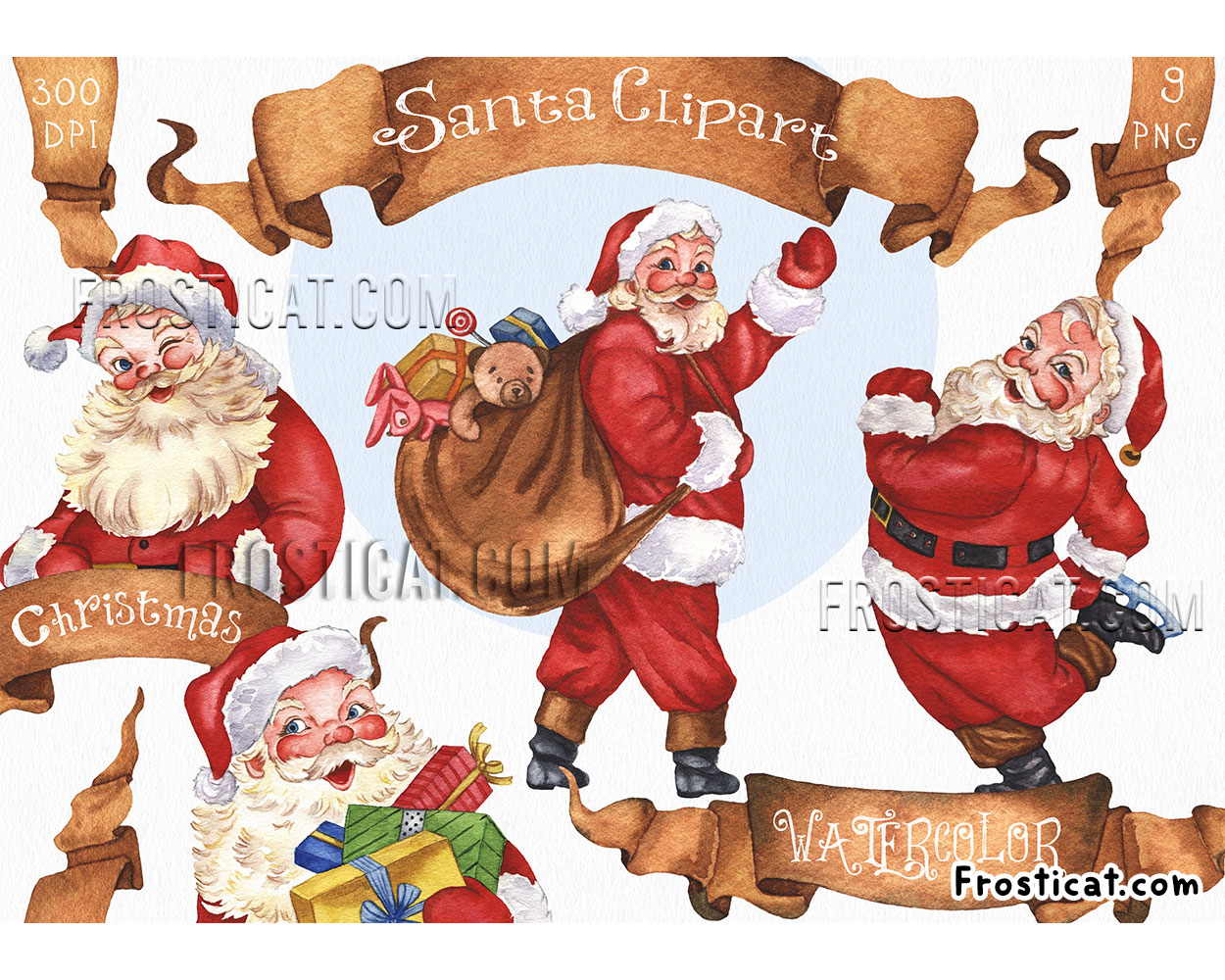 9 Santa Watercolor Clipart Bundle, Santa Claus Png