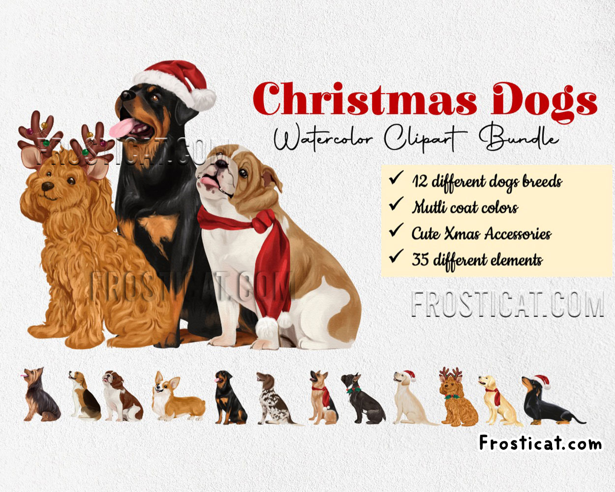 12 Christmas Dog Watercolor Clipart Bundle, Christmas Png