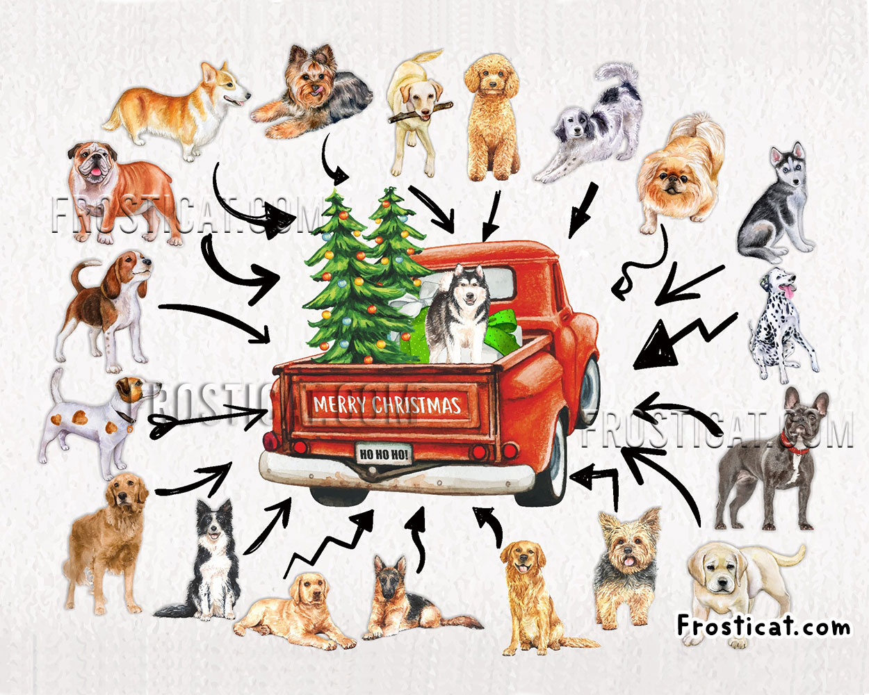 Christmas Dog On Truck Clipart Bundle, Christmas Png