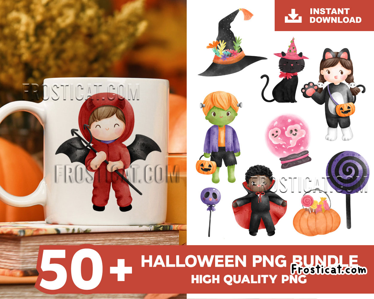 50 Halloween Watercolor Png Bundle, Witch Png, Pumpkin Png