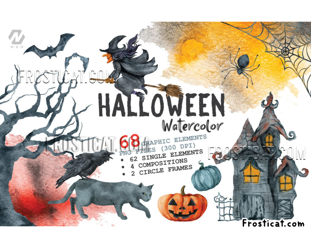 68 Halloween Watercolor Graphic Elements Png Bundle