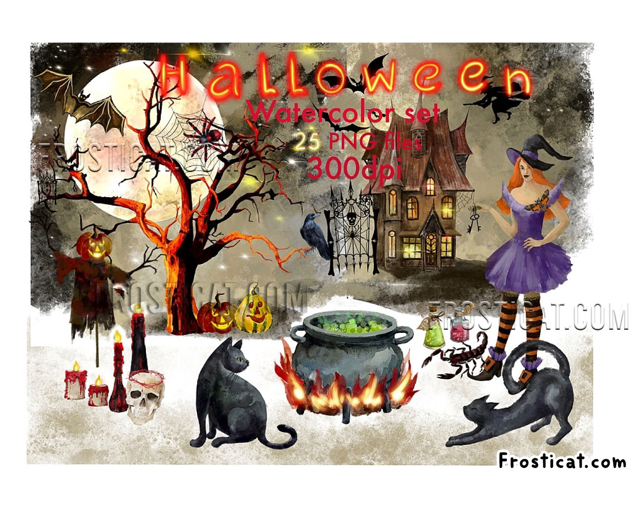 25 Halloween Watercolor Png Bundle, Halloween Png