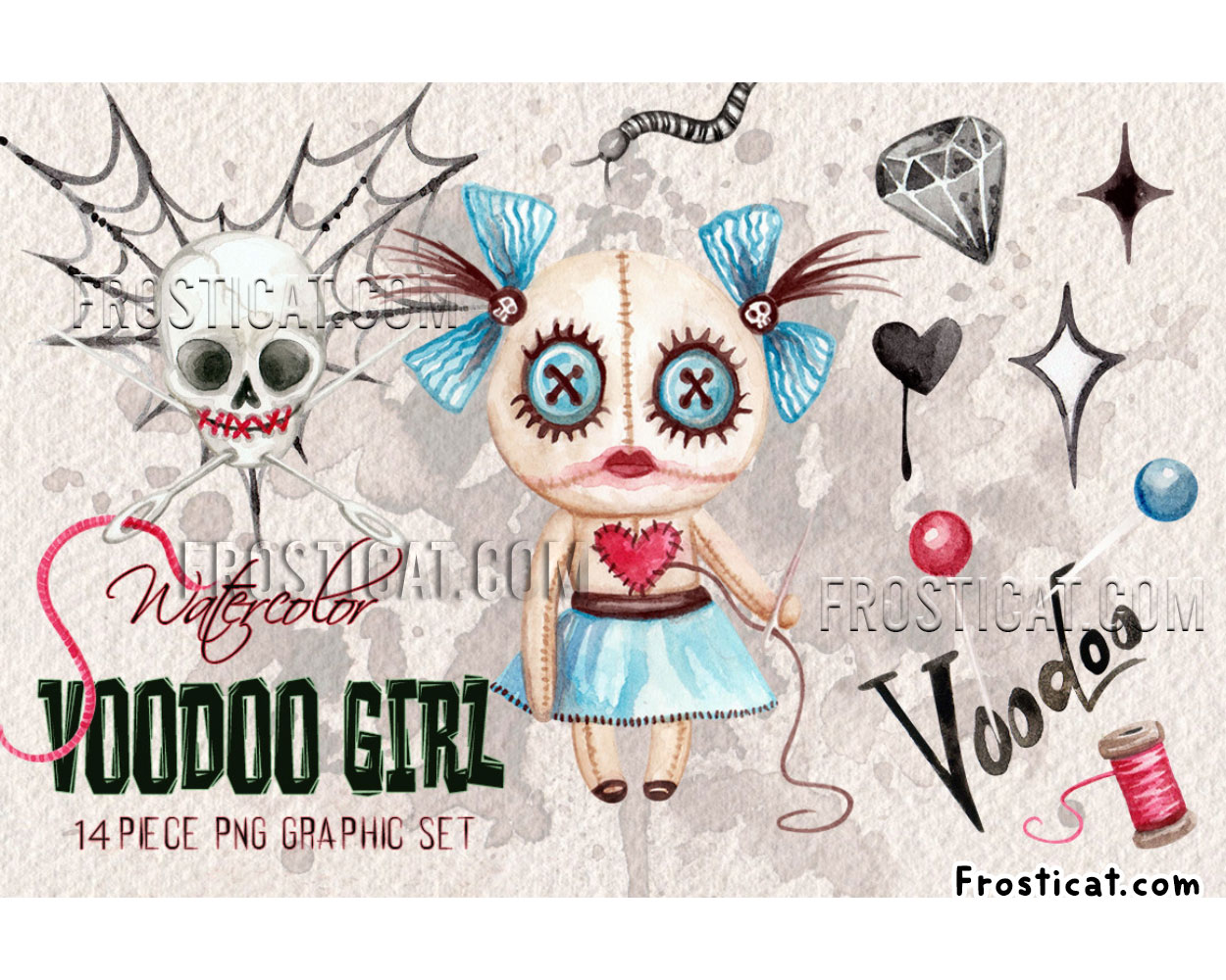 14 Halloween Watercolor Voodoo Girl Png Bundle
