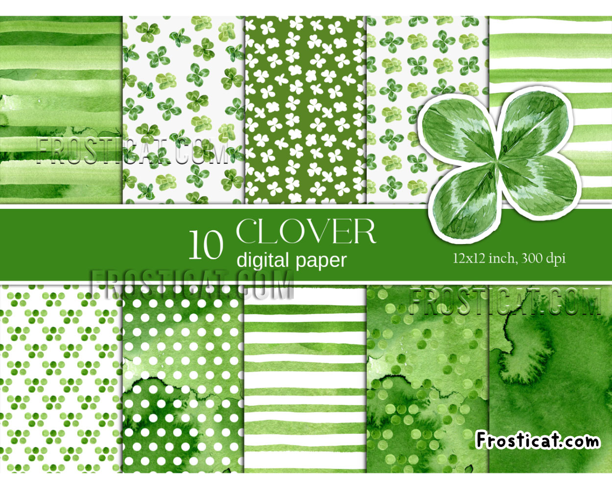10 Lucky Clover Digital Paper Bundle, Irish Digital Paper