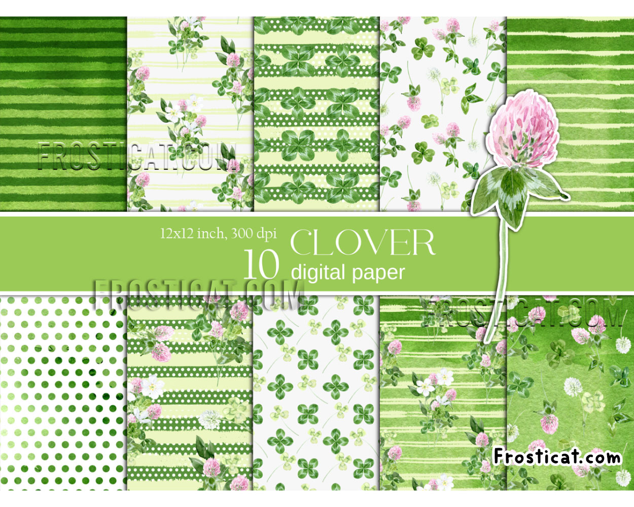 10 Watercolor Clover St Patricks Day Digital Paper Bundle