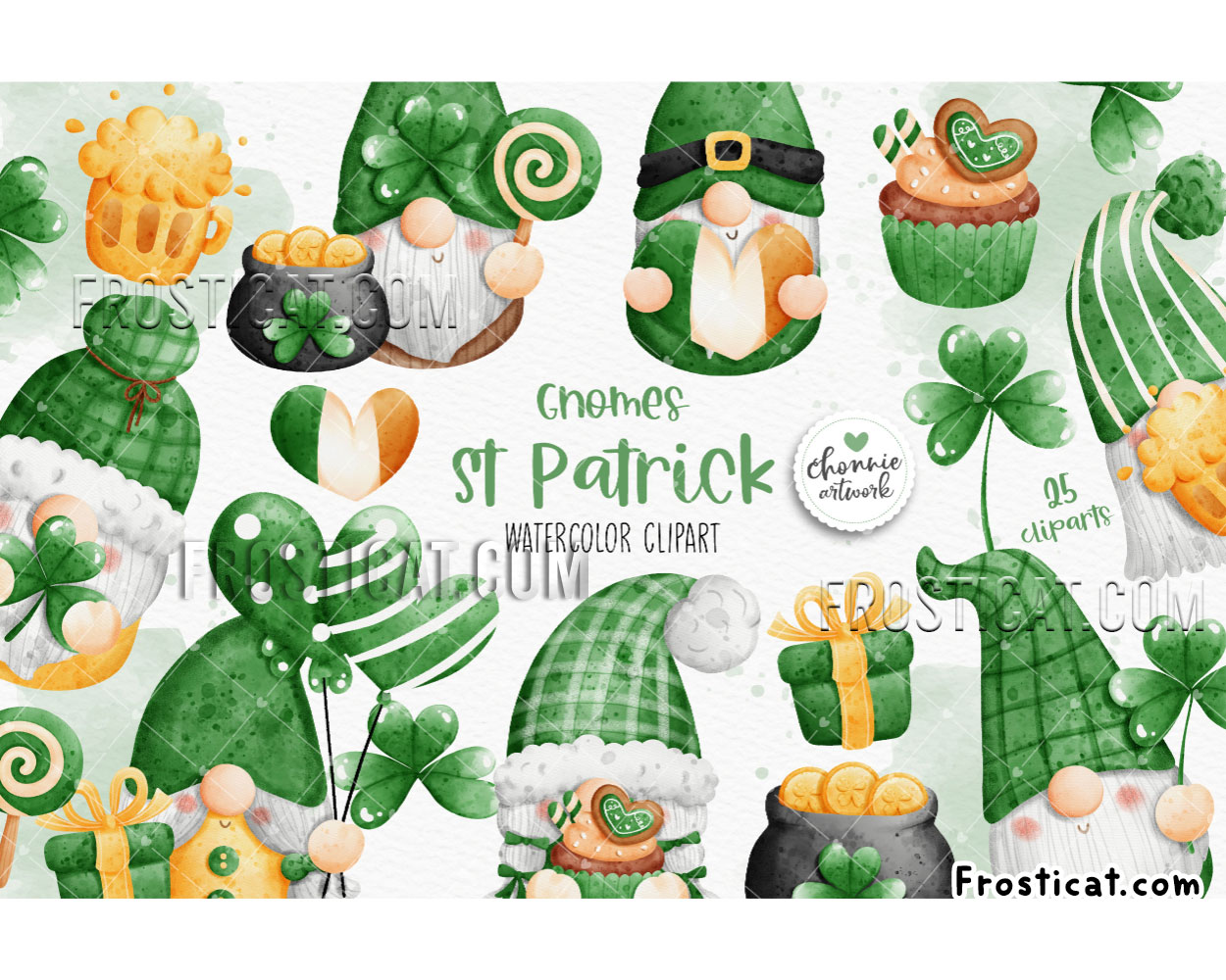 25 Gnomes St Patricks Day Watercolor Clipart Bundle
