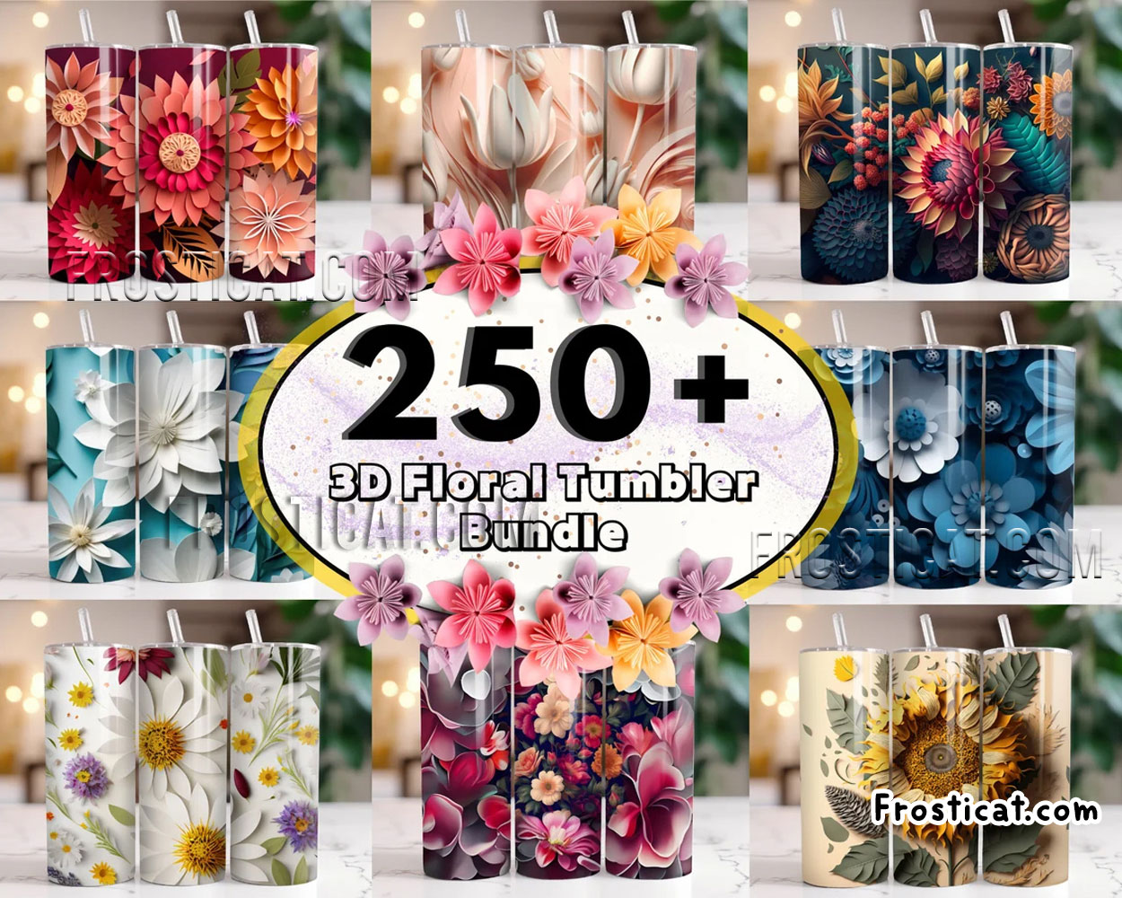 250 3D Floral Tumbler Png Bundle, 3d Flower Tumbler