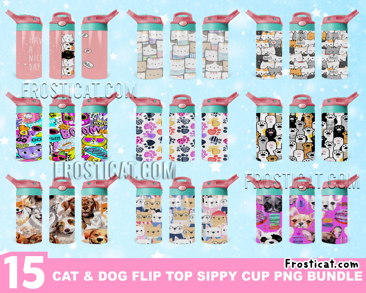15 Cat And Dog Sippy Cup Flip Top Tumbler Png Bundle