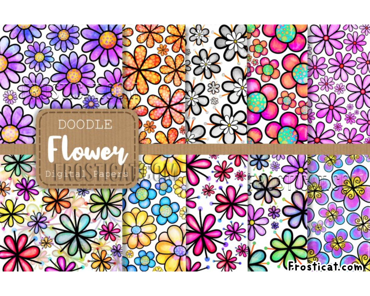12 Doodle Daisy Flower Digital Paper Bundle