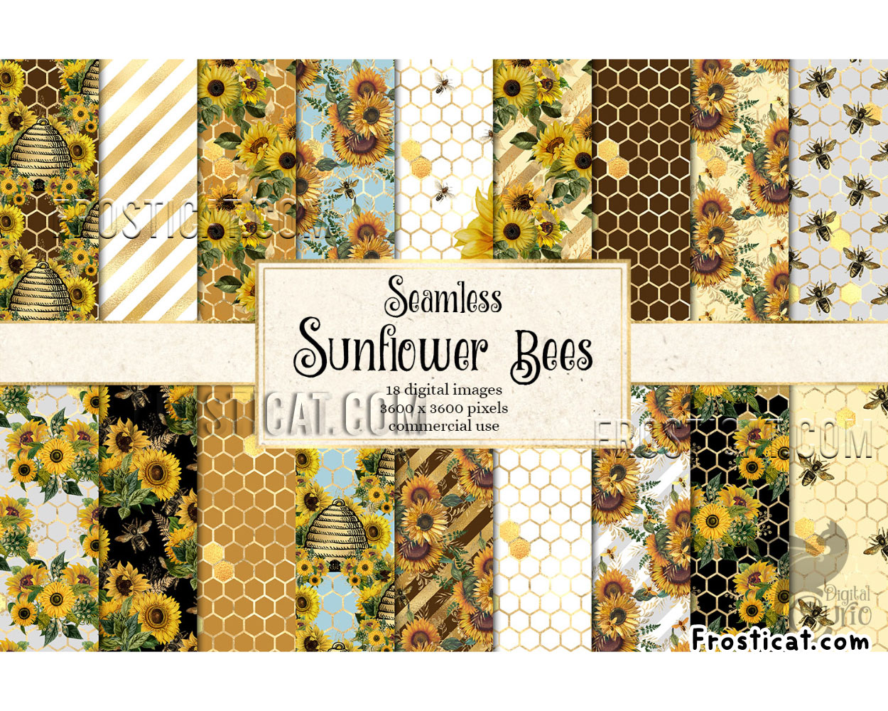 18 Seamless Sunflower Bees Digital Paper Bundle