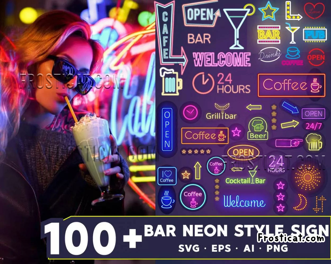 100 Bar Neon Style Sign Svg Bundle, Neon Sign Svg, Bar Svg