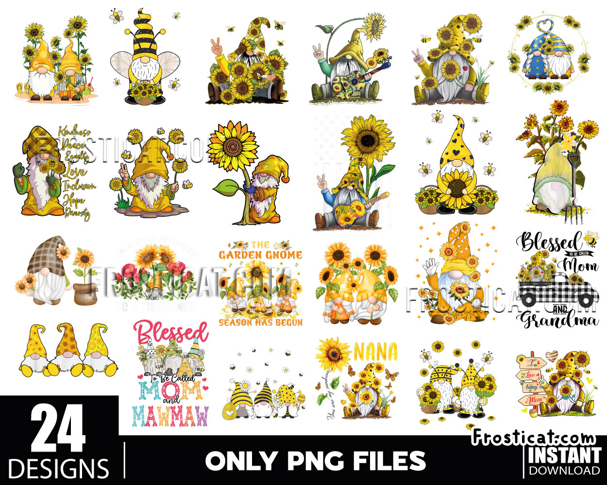 24 Gnome Sunflower Png Bundle, Honey Bee Gnome Png