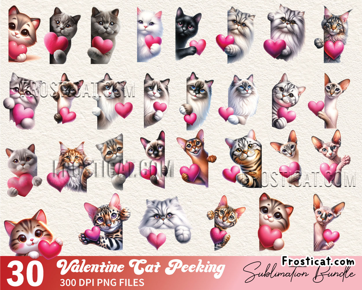 30 Valentine Cat Peeking Png Bundle, Valentine Png