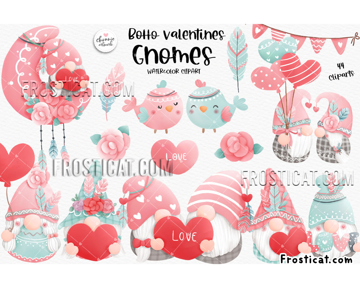44 Boho Valentines Gnomes Watercolor Clipart Bundle