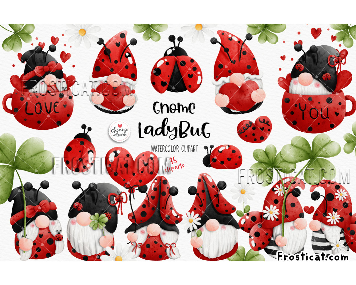 35 Gnome LadyBug Watercolor Clipart Bundle